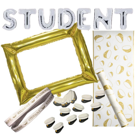 Studentpaket Dekoration Vit/Guld Ballong Band Ram Löpare Konfetti Student
